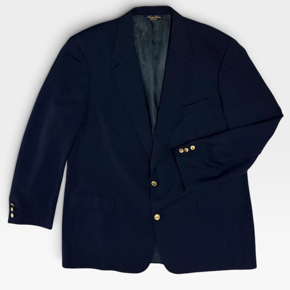 Brooks Brothers Blazer Mens 48L Two Button Gold Tone Crest Navy Blue VTG USA